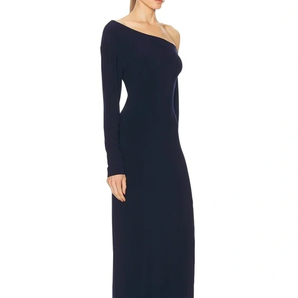 Norma Kamali Dress- Long Sleeve Drop Shoulder Side Slit Gown - True Navy-Large - Picture 4 of 14